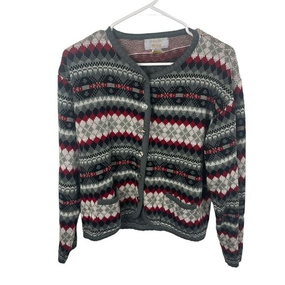 Tally Ho 100% Acrylic Red Gray Christmas Holiday Knit Sweater Cardigan Sz M‎ - Picture 1 of 7